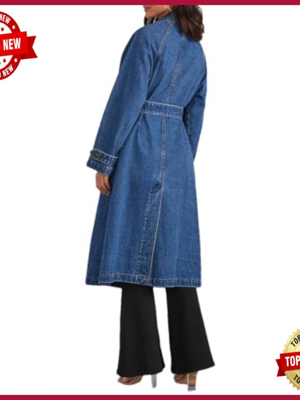 Long Denim Trench Coat Double Breasted Oversize Jacket - Picture 3 of 6